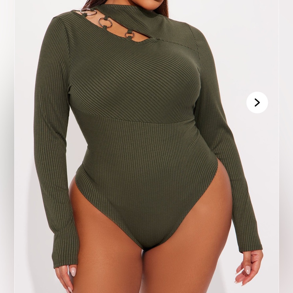 Fashion Nova Olive Ribbed Bodysuit with Chain Accent